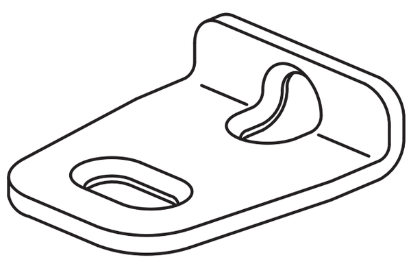 Croquis de l'équerre de fixation en métal de référence 144409 pour les armoires IKEA. Cette pièce en métal en L possède des bords arrondis, un grand côté avec un trou et un autre autre trou au niveau de la courbure.